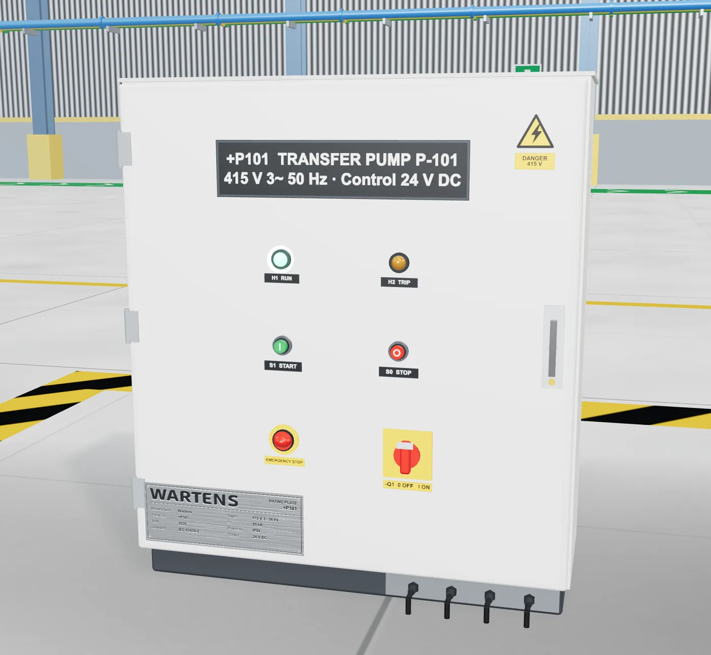 Closed control cabinet door in 3D with run and trip lamps, start and stop buttons, an E-stop and the main isolator