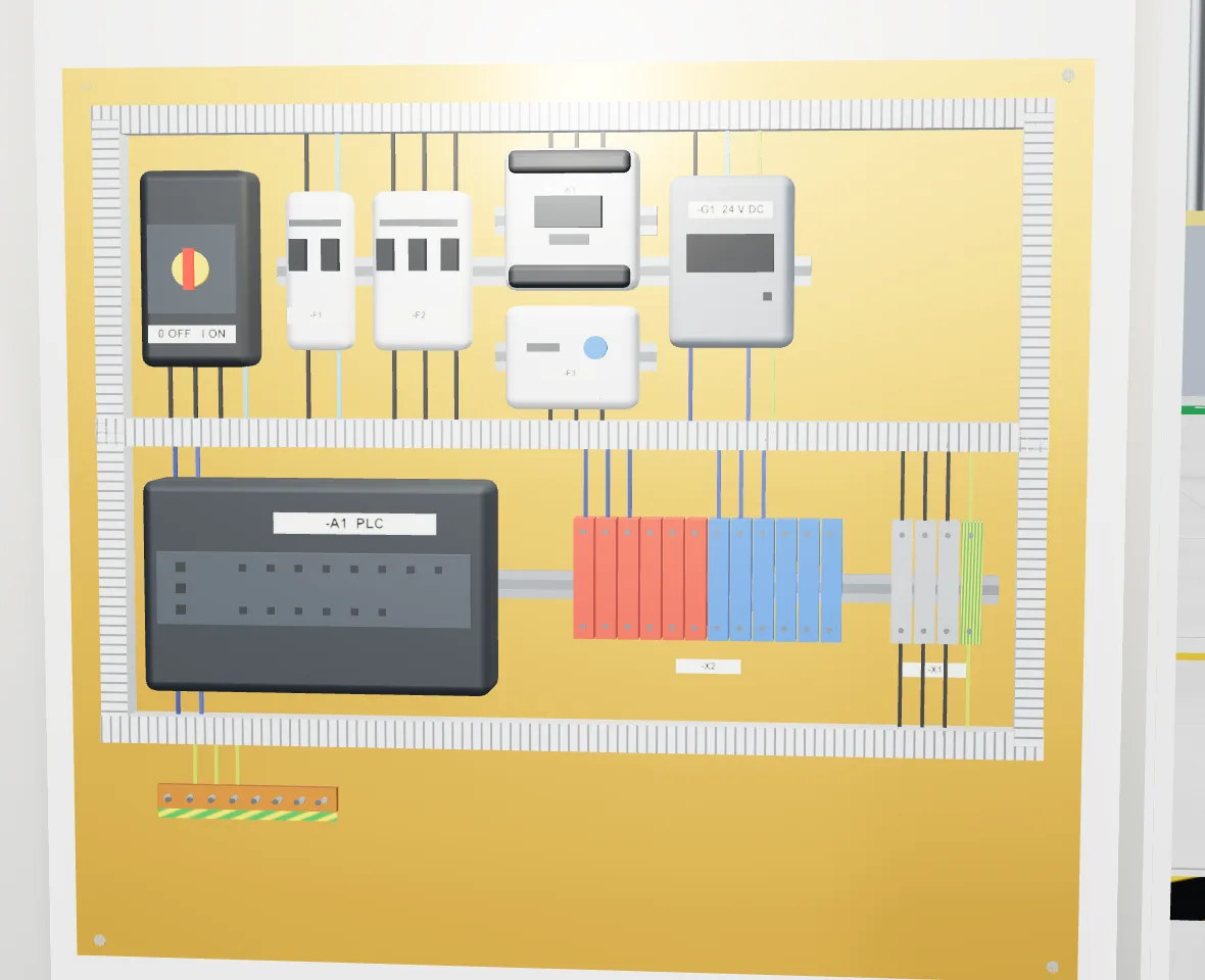 Close-up of the backplate in 3D: isolator, breakers, contactor, overload, power supply, PLC and terminal strip