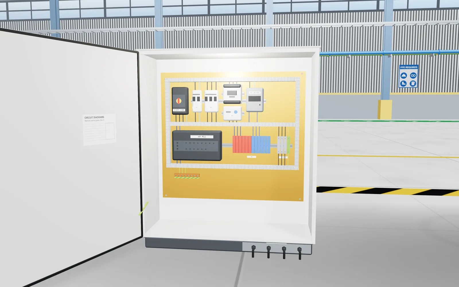 Control cabinet with the door swung open, showing the gold backplate with breakers, contactor, PLC and terminals