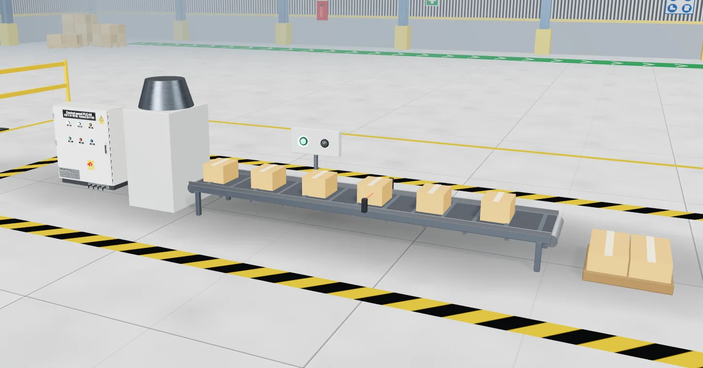Batch counter packing line in the 3D factory hall: boxes on a conveyor under a filler hopper, with a control cabinet