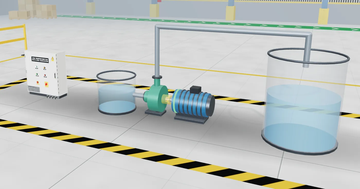 Transfer pump with a DOL starter panel in the 3D factory hall: pump, motor, two tanks and the control cabinet