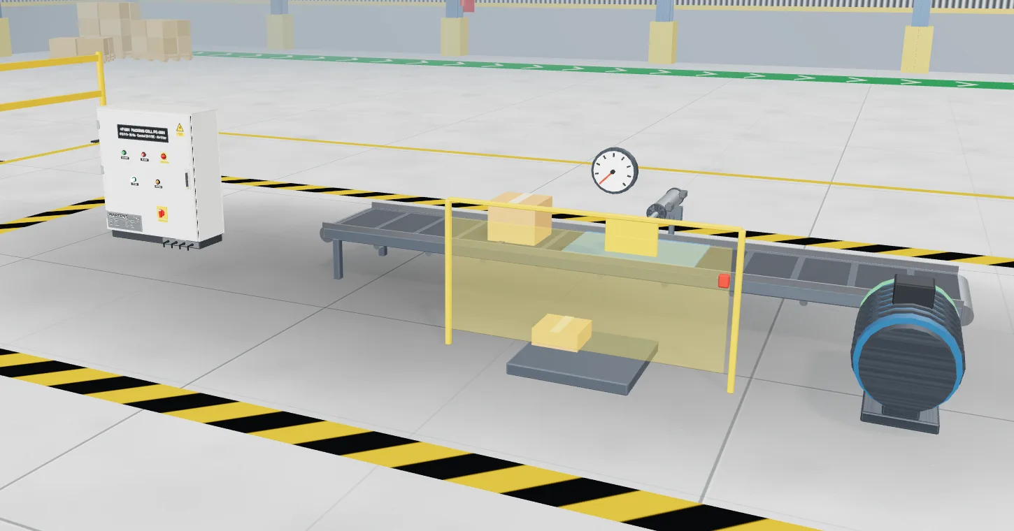 Packing cell in the 3D hall: conveyor, pneumatic pusher, guard fence, pressure gauge and control cabinet