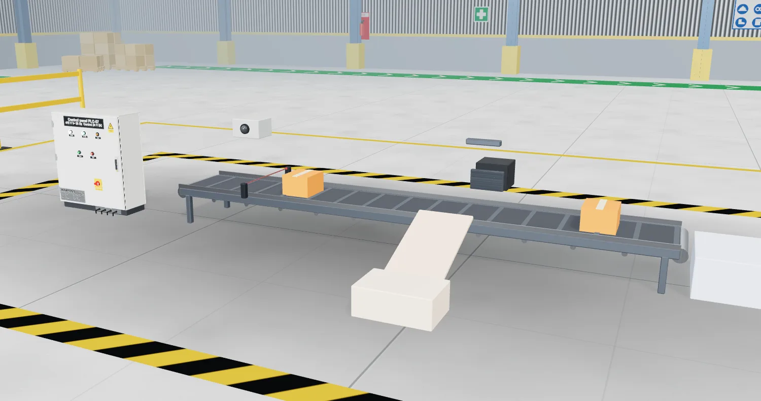 Parcel sorter conveyor running in the 3D factory hall, with a diverter, photo-eye and control cabinet beside it