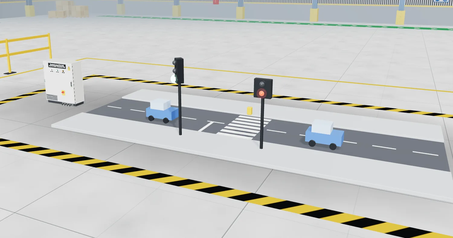 Pedestrian crossing model in the 3D hall with traffic lights, cars on a road strip and a control cabinet