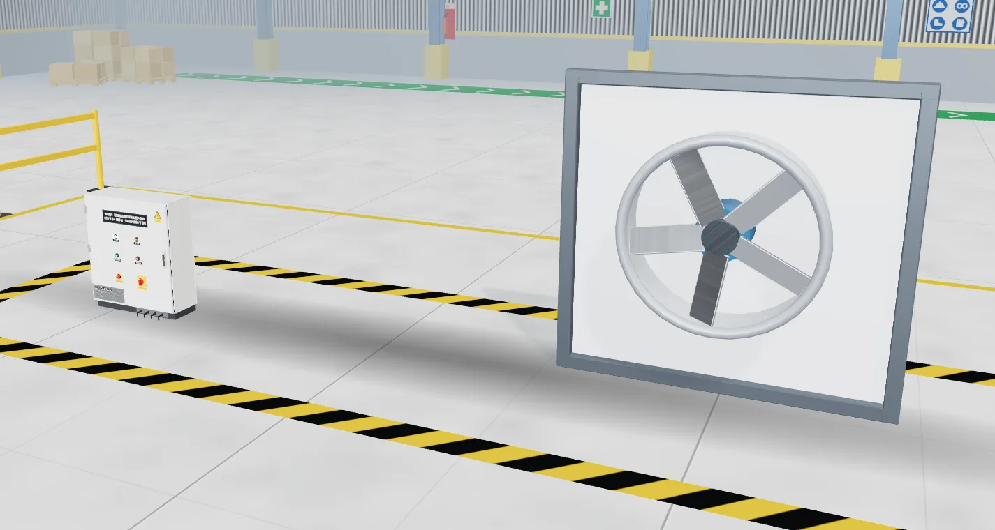 Extract fan on a wall frame next to its star-delta starter panel in the 3D factory hall