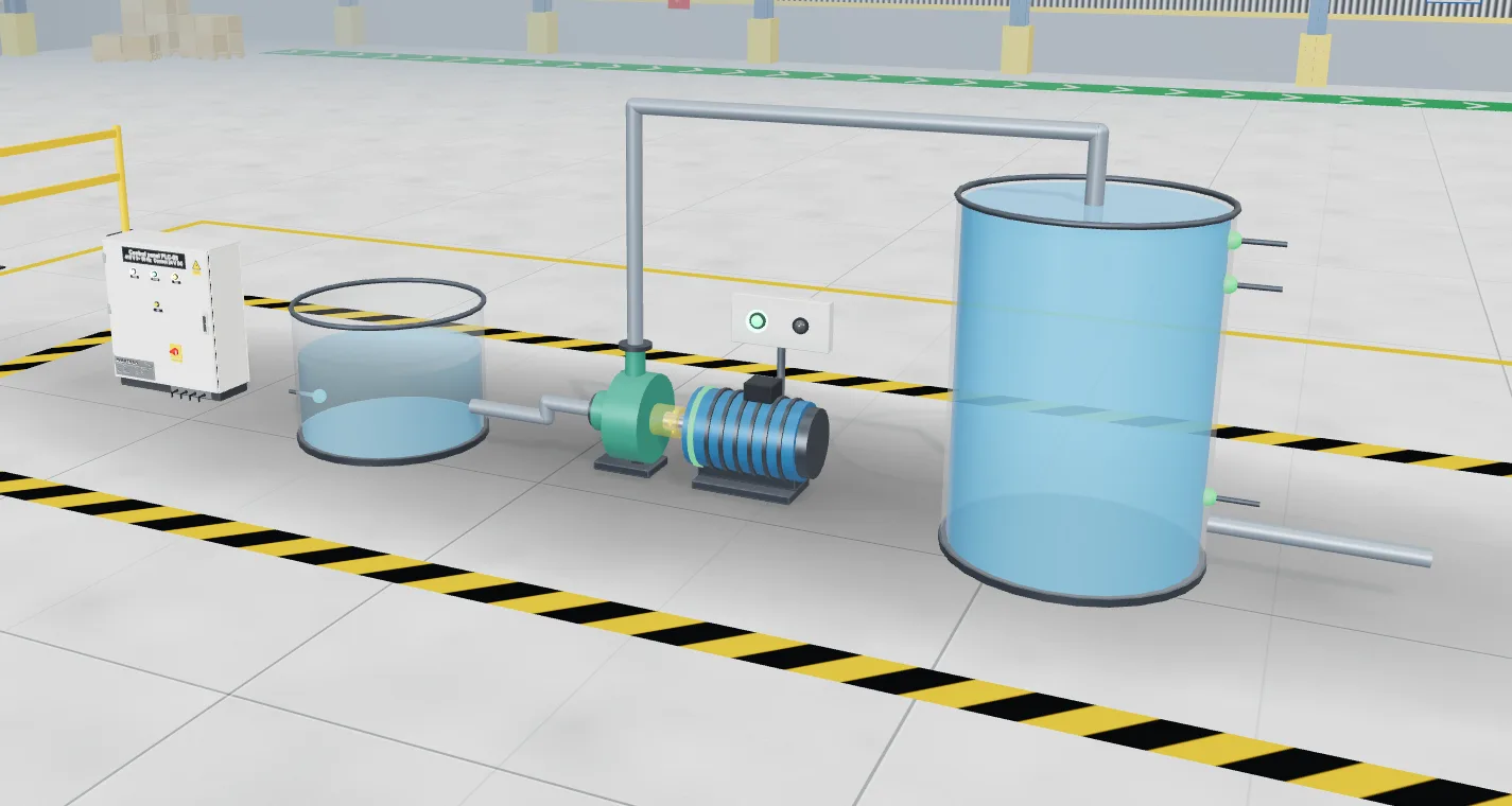 Tank filling pump station in the 3D factory hall: sump, pump and motor, a tall tank and a control cabinet
