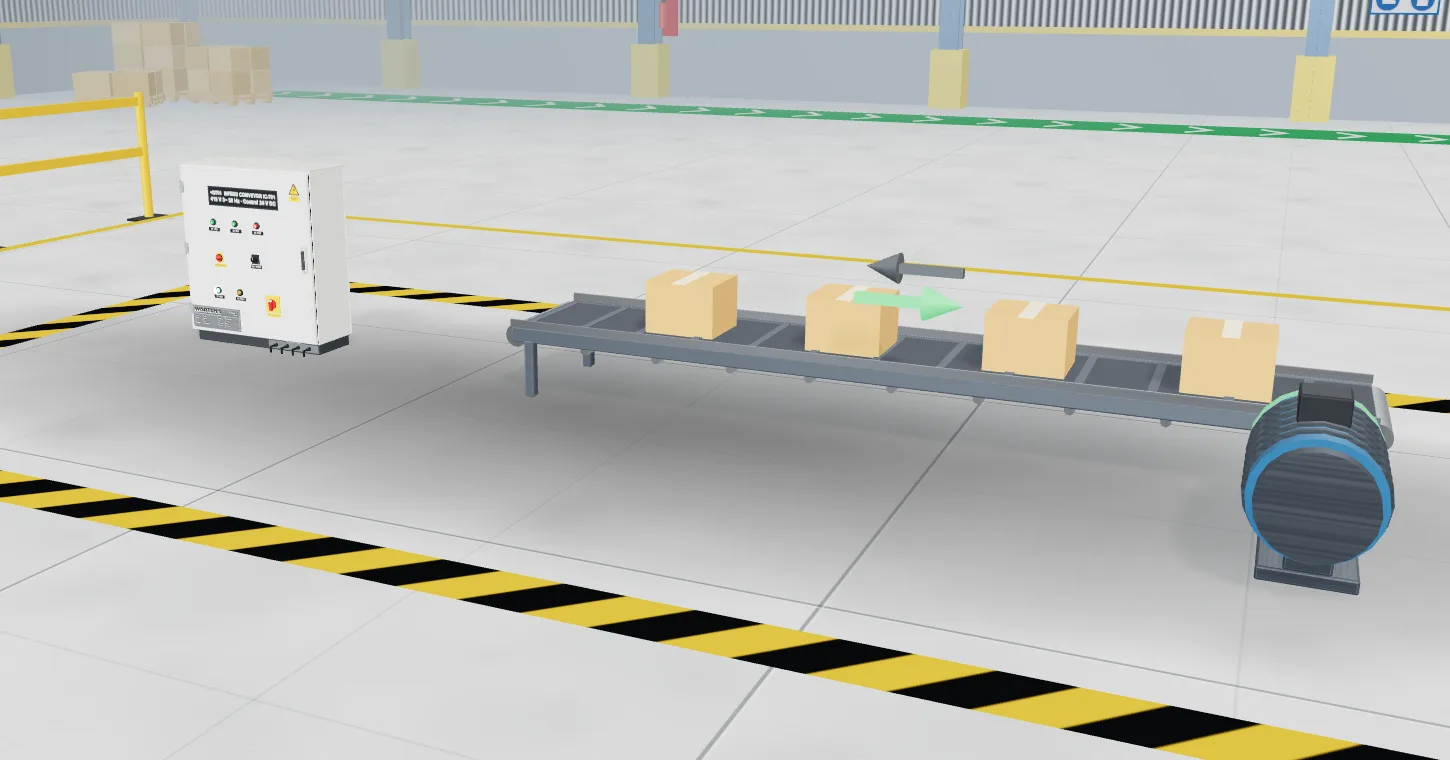 Infeed conveyor with a motor driven by a variable frequency drive panel in the 3D factory hall