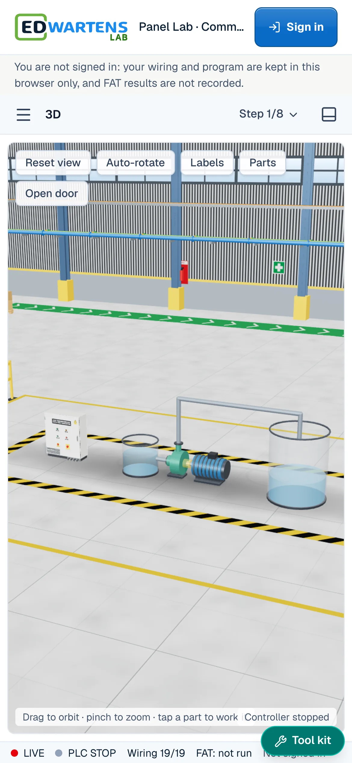 The Panel Lab on a phone: the 3D factory hall view with the pump station and a menu, step picker and tool kit button
