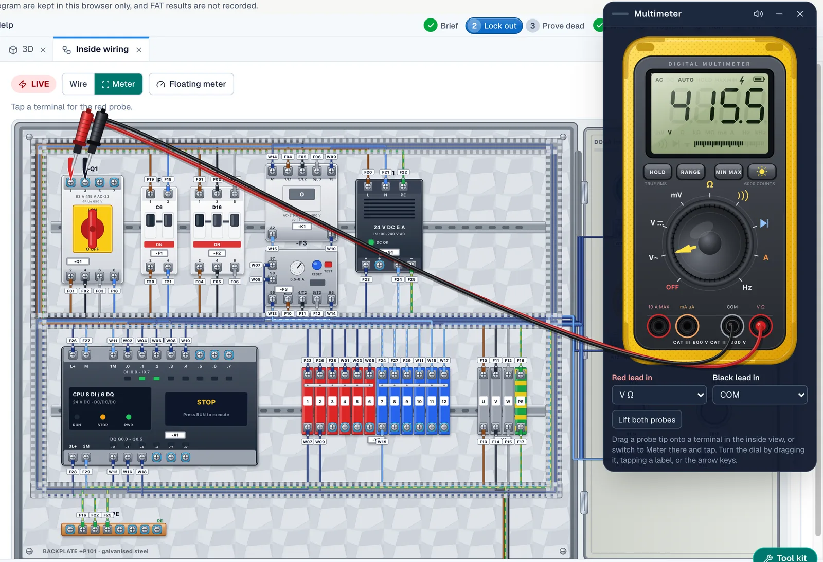 Floating multimeter on V AC reading 415.1 volts, with its probes on the incoming terminals of the main isolator