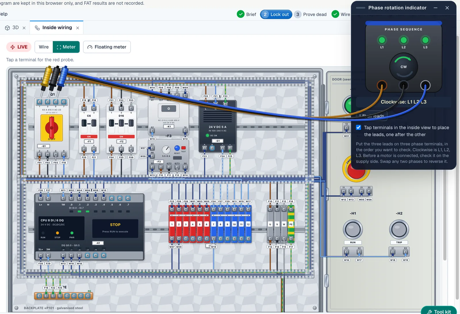 Phase rotation indicator on the three incoming terminals, with all three phases present and clockwise order L1 L2 L3